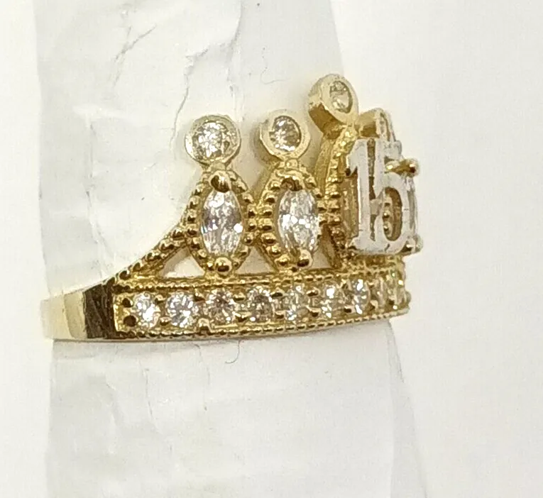 10k Yellow Gold 15 Anos Quinceanera Crown CZ Ring Size 7.5