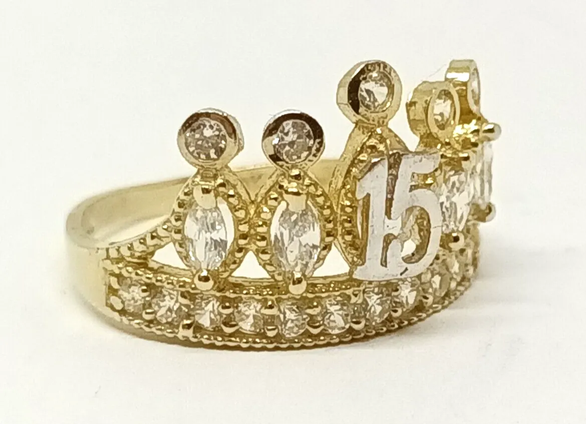 10k Yellow Gold 15 Anos Quinceanera Crown CZ Ring Size 7.5
