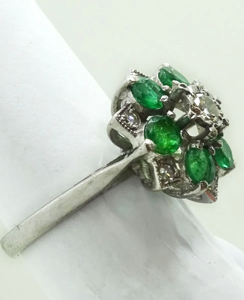 1.1ct tw Emerald & Diamond Starburst Cluster Filigree Ring 14k White Gold Size 4