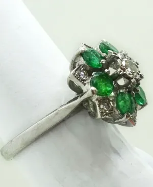 1.1ct tw Emerald & Diamond Starburst Cluster Filigree Ring 14k White Gold Size 4
