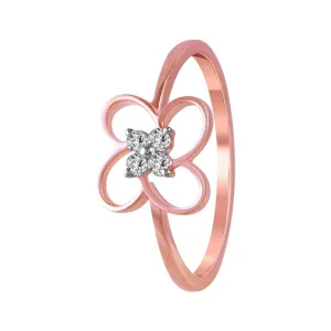 14K Gold Ring With A Butterfly Design And A Diamond-studded Centre Arranged In A Four-petal Pattern