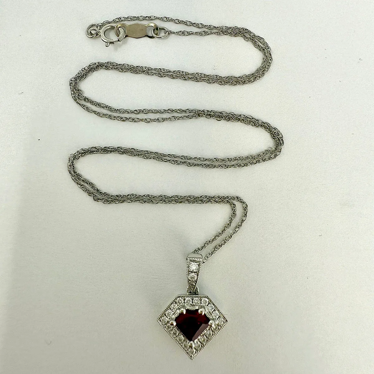 14K White Gold  Ruby and Diamond Pendant Necklace