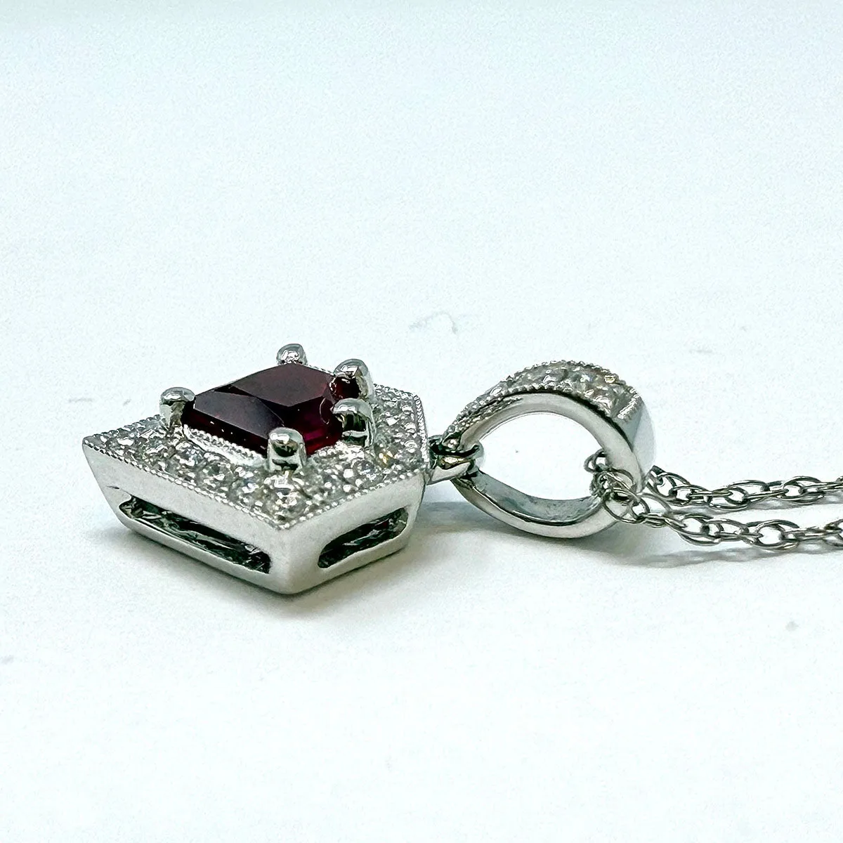 14K White Gold  Ruby and Diamond Pendant Necklace