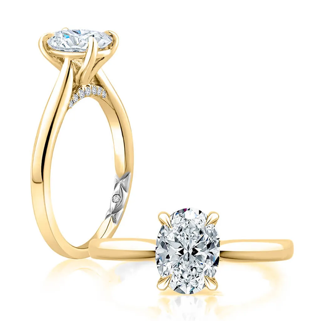 14K Yellow And White Gold Solitaire Diamond Engagement Ring With Peek-A-Boo Diamonds