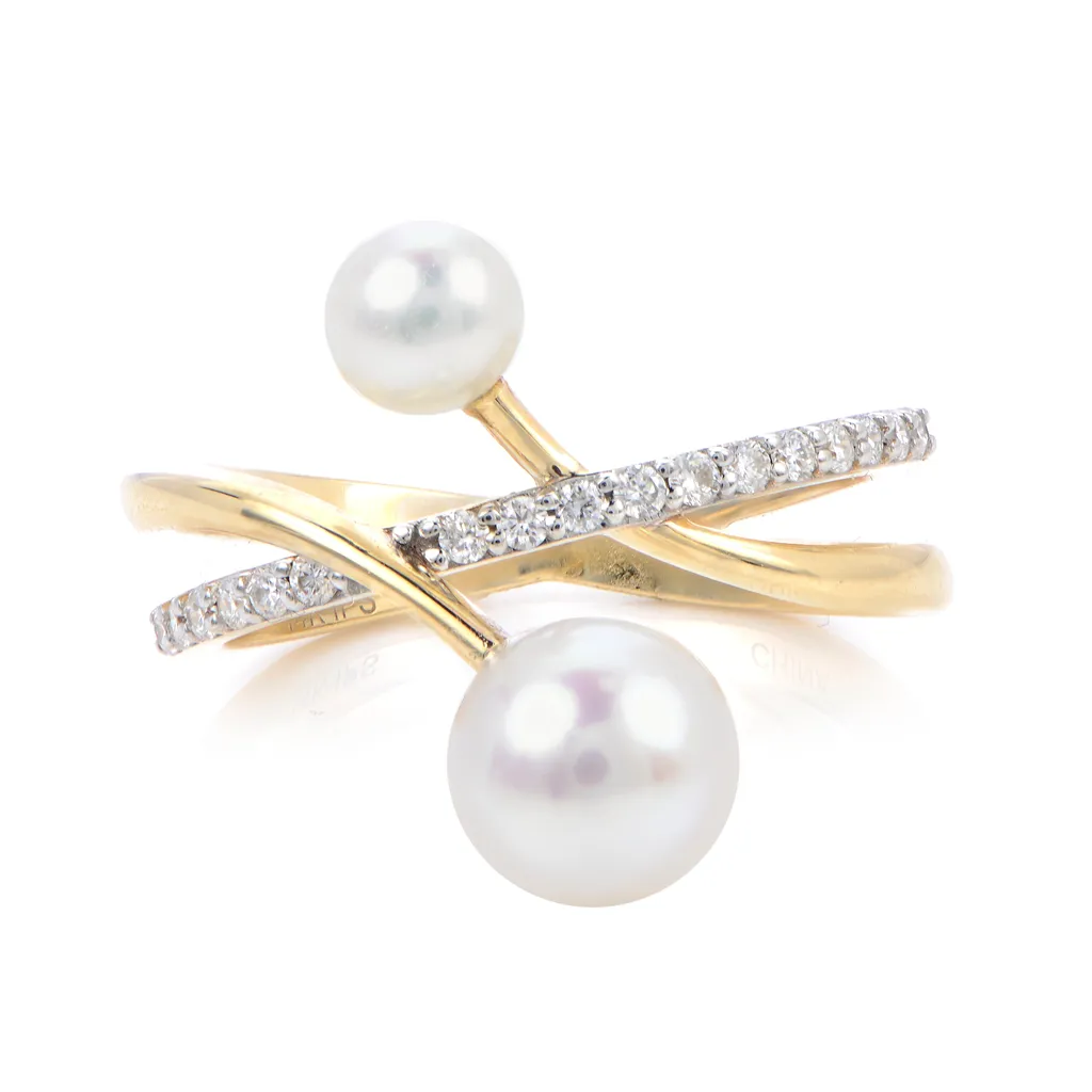 14K Yellow Gold Pearl And Diamond Twist Fashion Ring