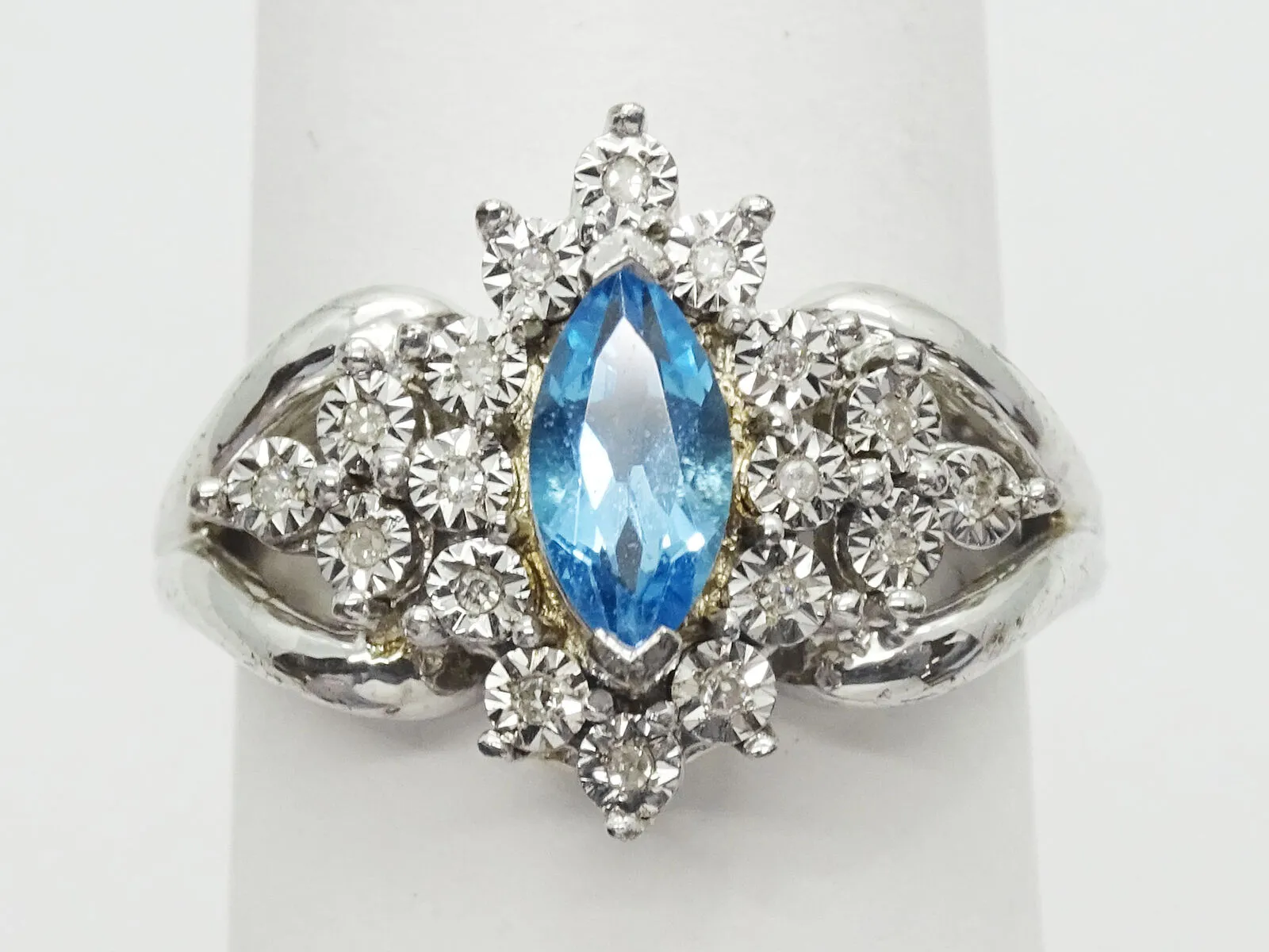 1.5ct tw Marquise Blue & White CZ Burst Filigree Sterling Silver Ring Size 7