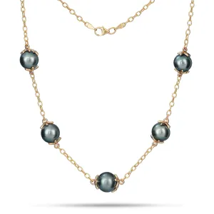 16-22" Adjustable Reefs Starfish Tahitian Black Pearl Necklace in Gold - 10-11mm