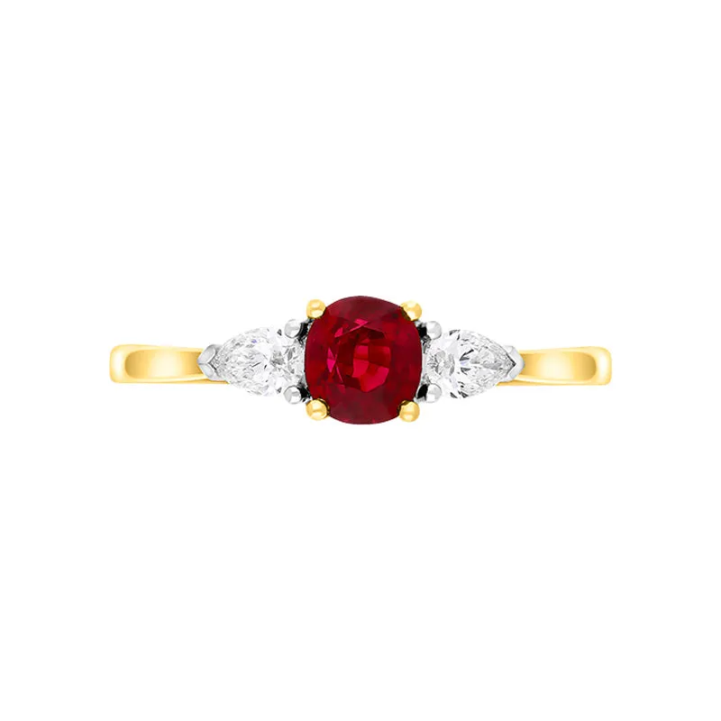 18ct Yellow Gold 0.91ct Ruby Diamond Oval Pear Cut Three Stone Ring