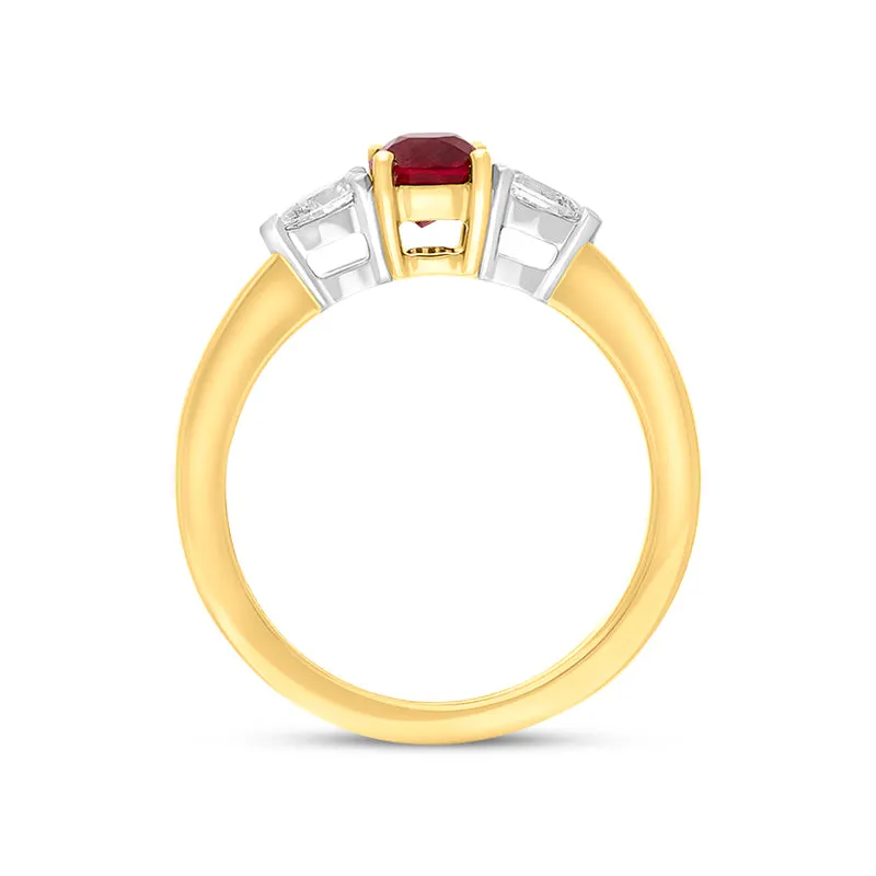 18ct Yellow Gold 0.91ct Ruby Diamond Oval Pear Cut Three Stone Ring