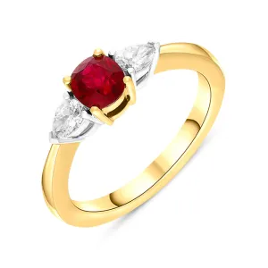 18ct Yellow Gold 0.91ct Ruby Diamond Oval Pear Cut Three Stone Ring