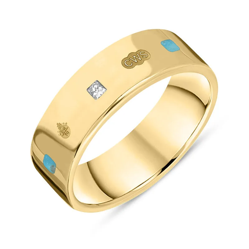 18ct Yellow Gold Turquoise 0.18ct Diamond Queen's Jubilee Hallmark Princess Cut 6mm Ring D