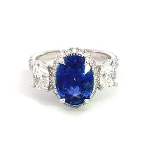 18K White Gold Three Stone Halo Sapphire Ring