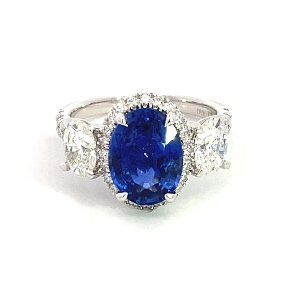 18K White Gold Three Stone Halo Sapphire Ring