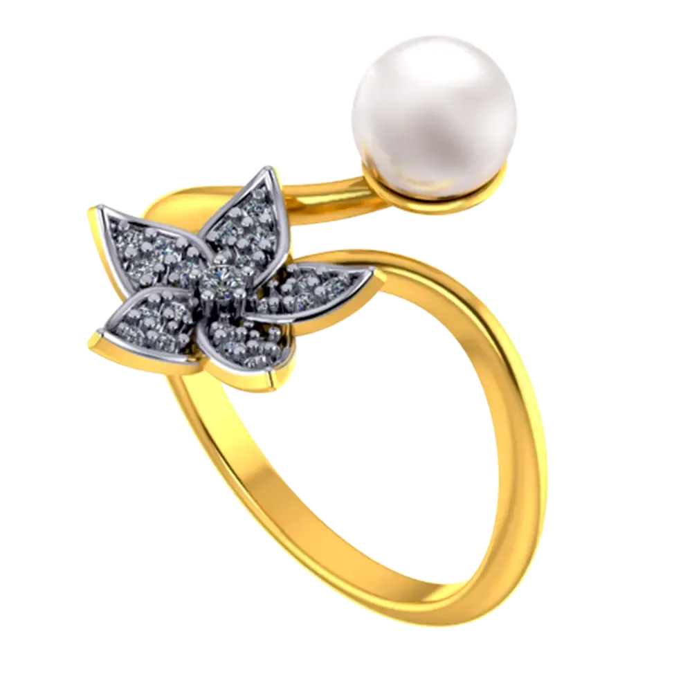22k Gold Ring With A Pearl And Floral Design Adorned With Stones