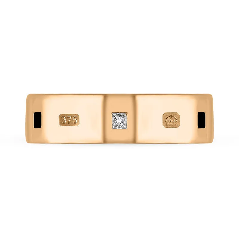 9ct Rose Gold Whitby Jet 0.18ct Diamond Queen's Jubilee Hallmark Princess Cut 6mm Ring D