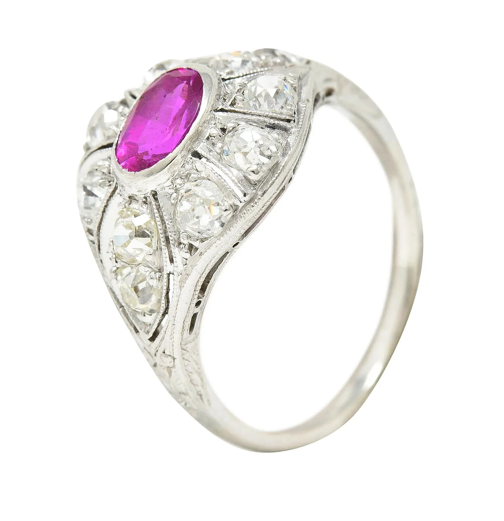ART DECO 1.66 CTW OVAL CUT RUBY DIAMOND 18 KARAT WHITE GOLD BOMBAY DINNER RING