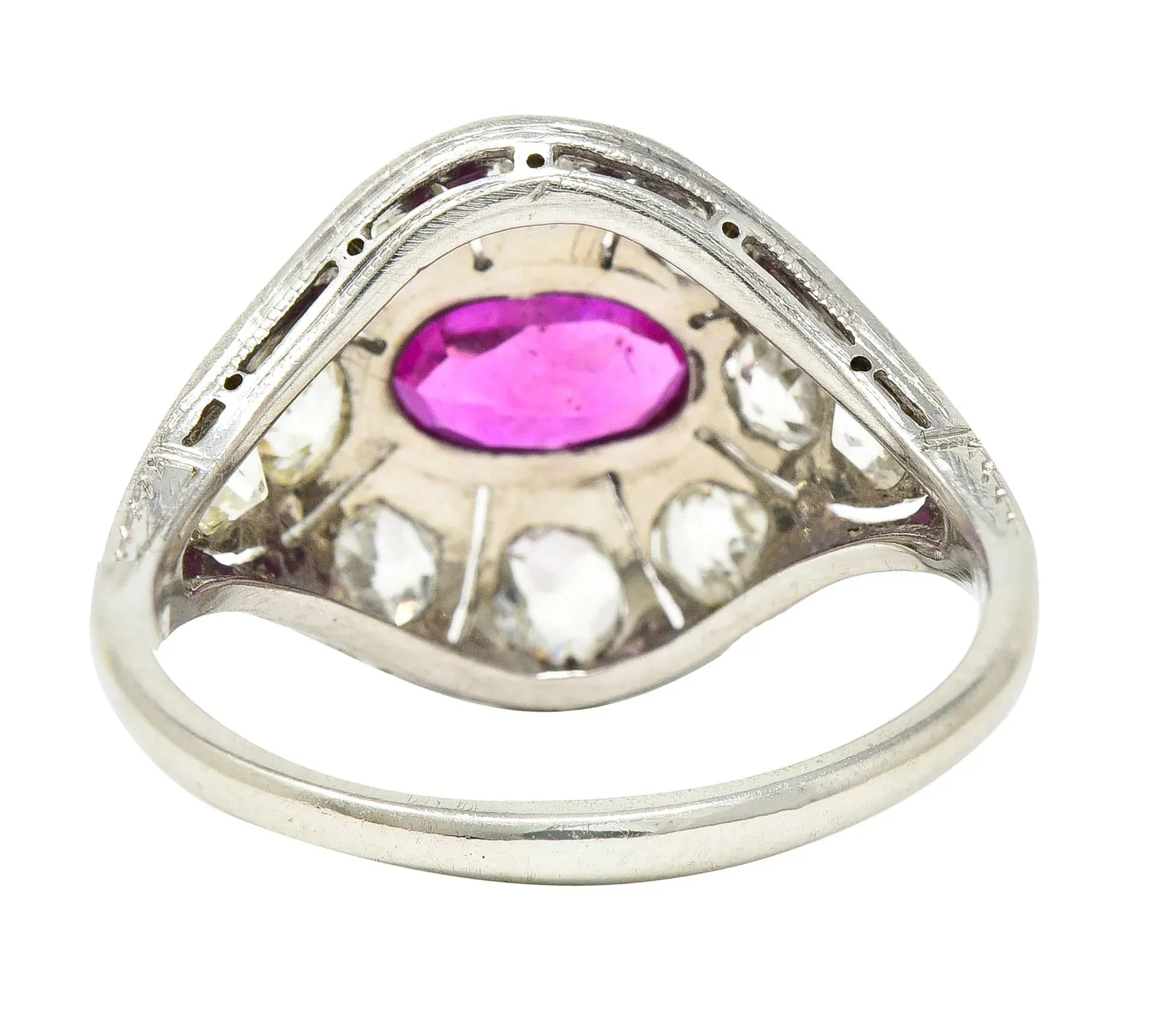ART DECO 1.66 CTW OVAL CUT RUBY DIAMOND 18 KARAT WHITE GOLD BOMBAY DINNER RING