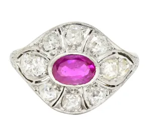 ART DECO 1.66 CTW OVAL CUT RUBY DIAMOND 18 KARAT WHITE GOLD BOMBAY DINNER RING