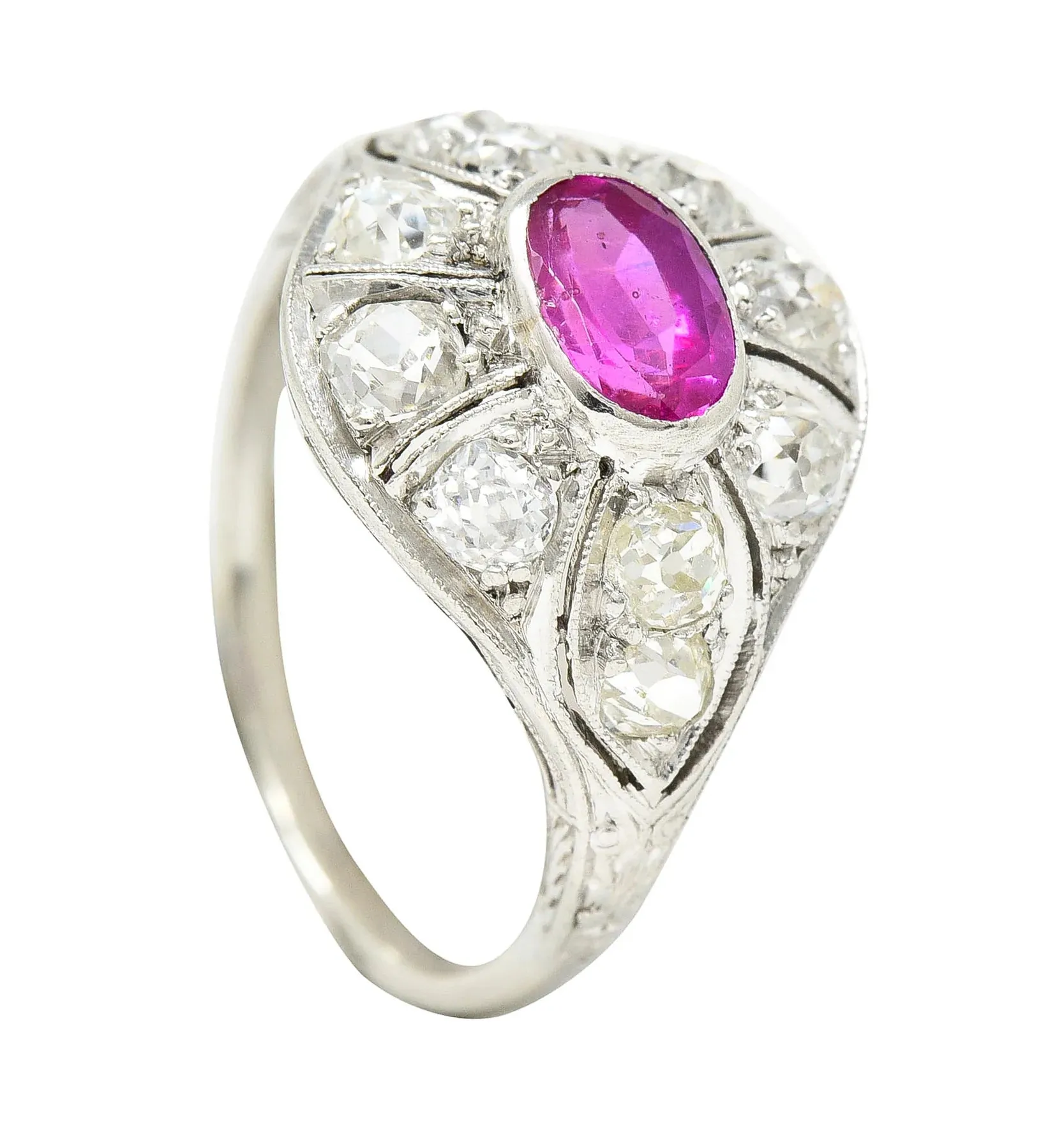 ART DECO 1.66 CTW OVAL CUT RUBY DIAMOND 18 KARAT WHITE GOLD BOMBAY DINNER RING