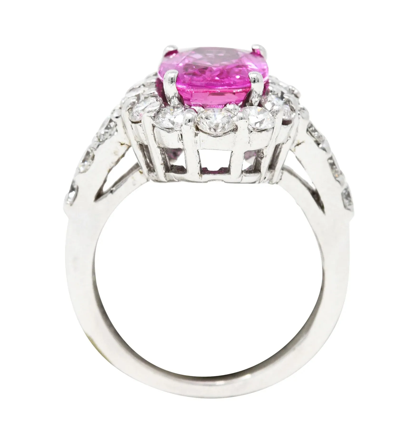 CONTEMPORARY 4.10 CTW PINK SAPPHIRE DIAMOND 18 KARAT WHITE GOLD CLUSTER GEMSTONE RING