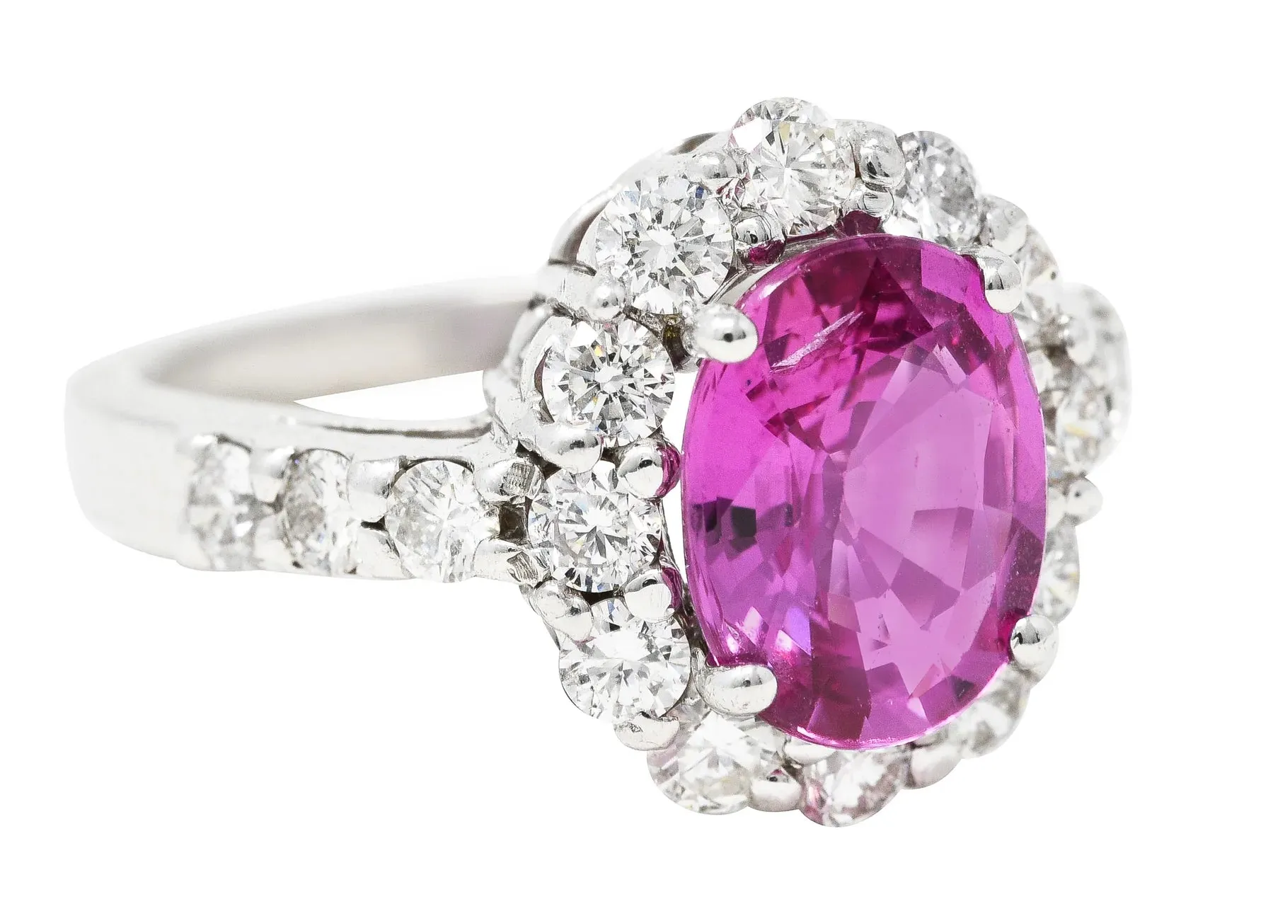 CONTEMPORARY 4.10 CTW PINK SAPPHIRE DIAMOND 18 KARAT WHITE GOLD CLUSTER GEMSTONE RING