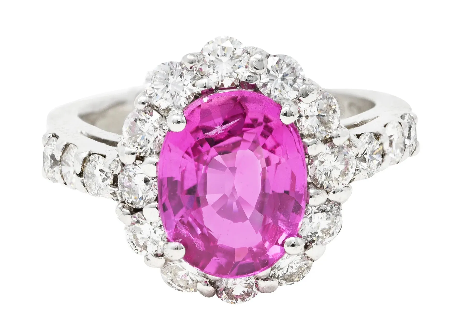 CONTEMPORARY 4.10 CTW PINK SAPPHIRE DIAMOND 18 KARAT WHITE GOLD CLUSTER GEMSTONE RING