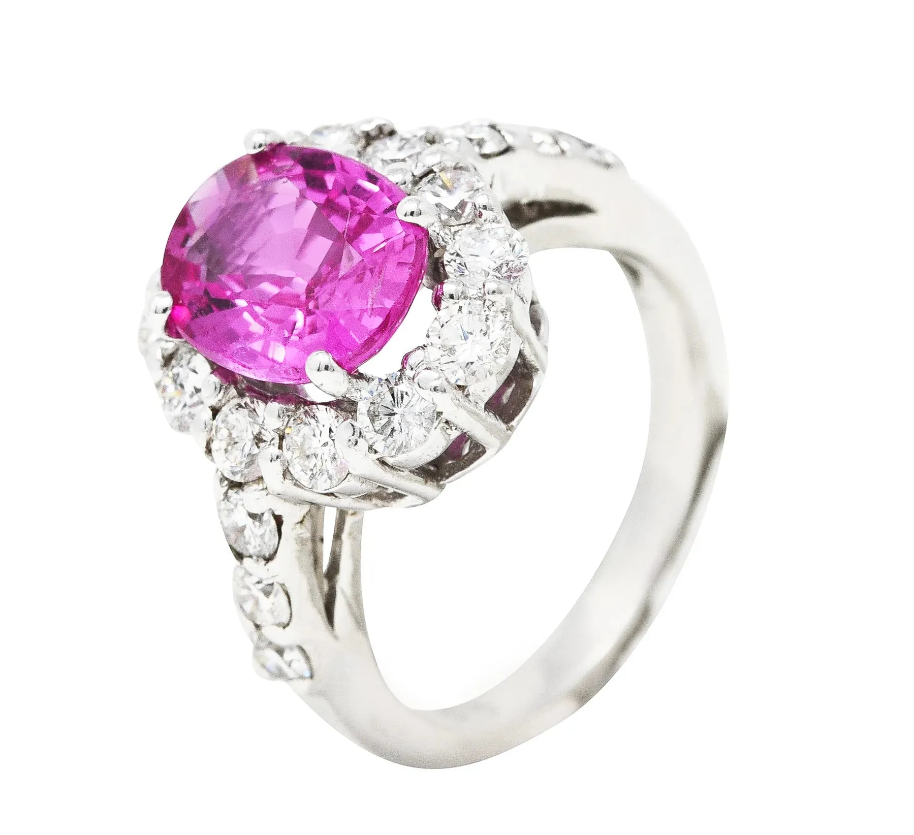 CONTEMPORARY 4.10 CTW PINK SAPPHIRE DIAMOND 18 KARAT WHITE GOLD CLUSTER GEMSTONE RING