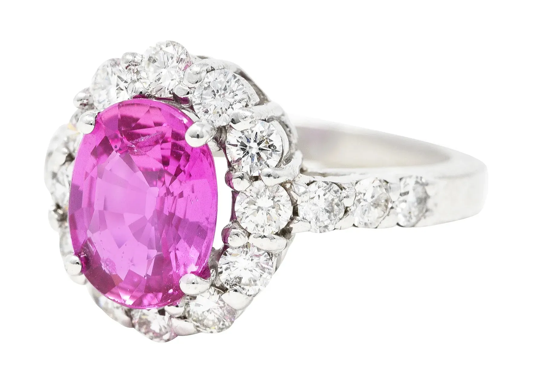 CONTEMPORARY 4.10 CTW PINK SAPPHIRE DIAMOND 18 KARAT WHITE GOLD CLUSTER GEMSTONE RING