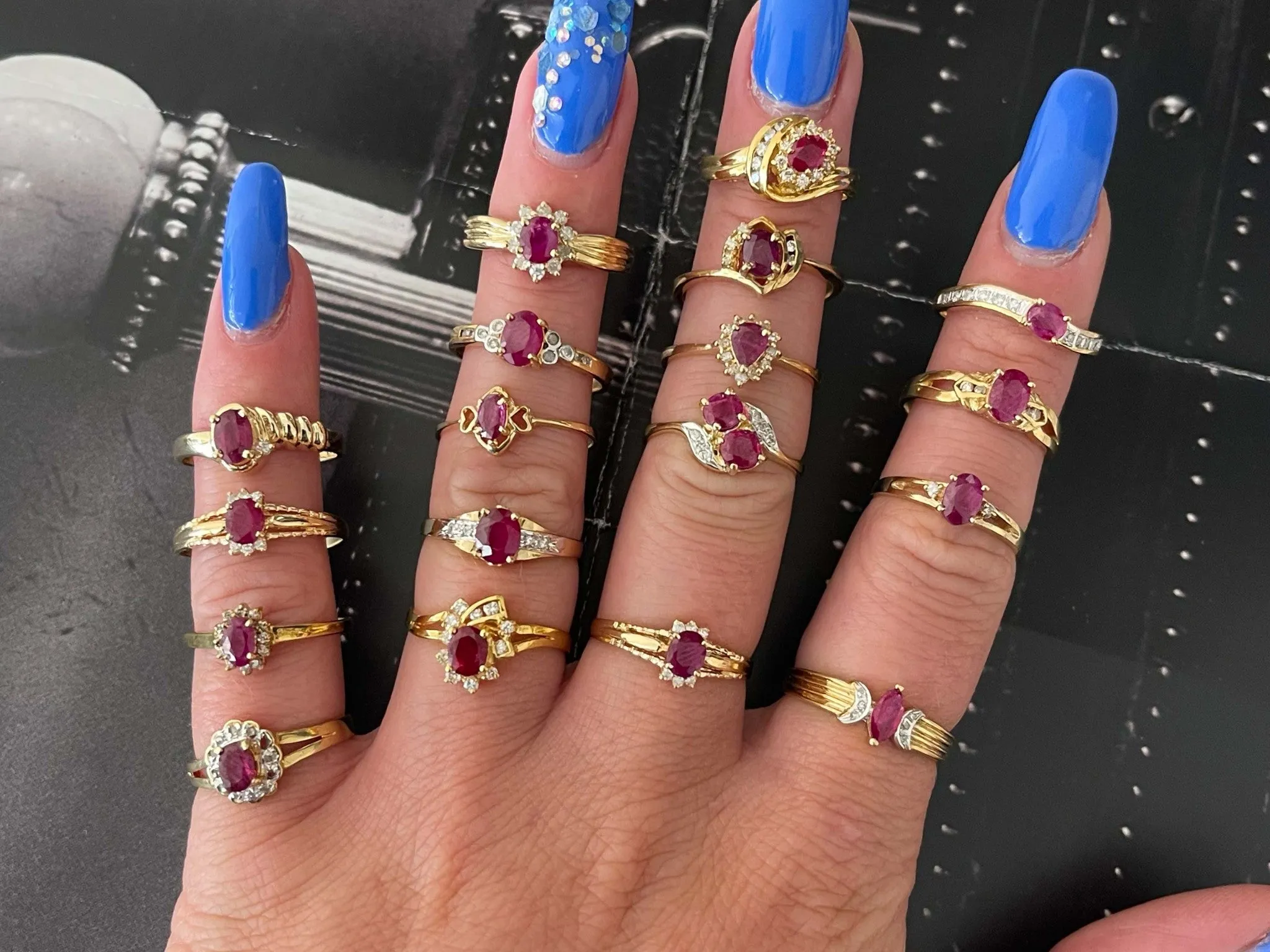 Double Red Ruby and Diamond Ring in 14k Yellow Gold