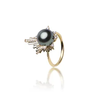 E Ho???la Tahitian Black Pearl Ring in Gold with Diamonds - 21mm