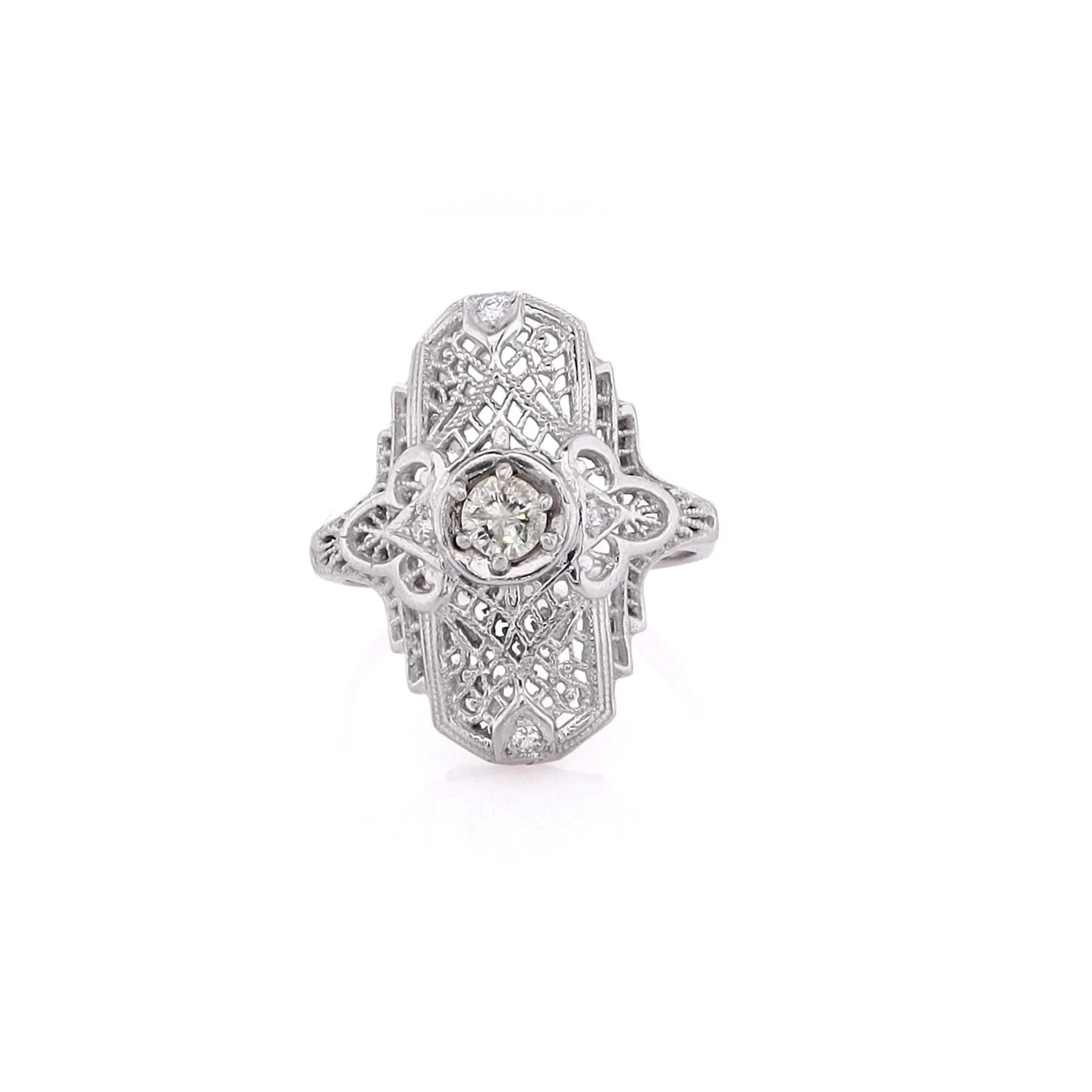 Estate 14 Karat White Gold Filigree Diamond Ring