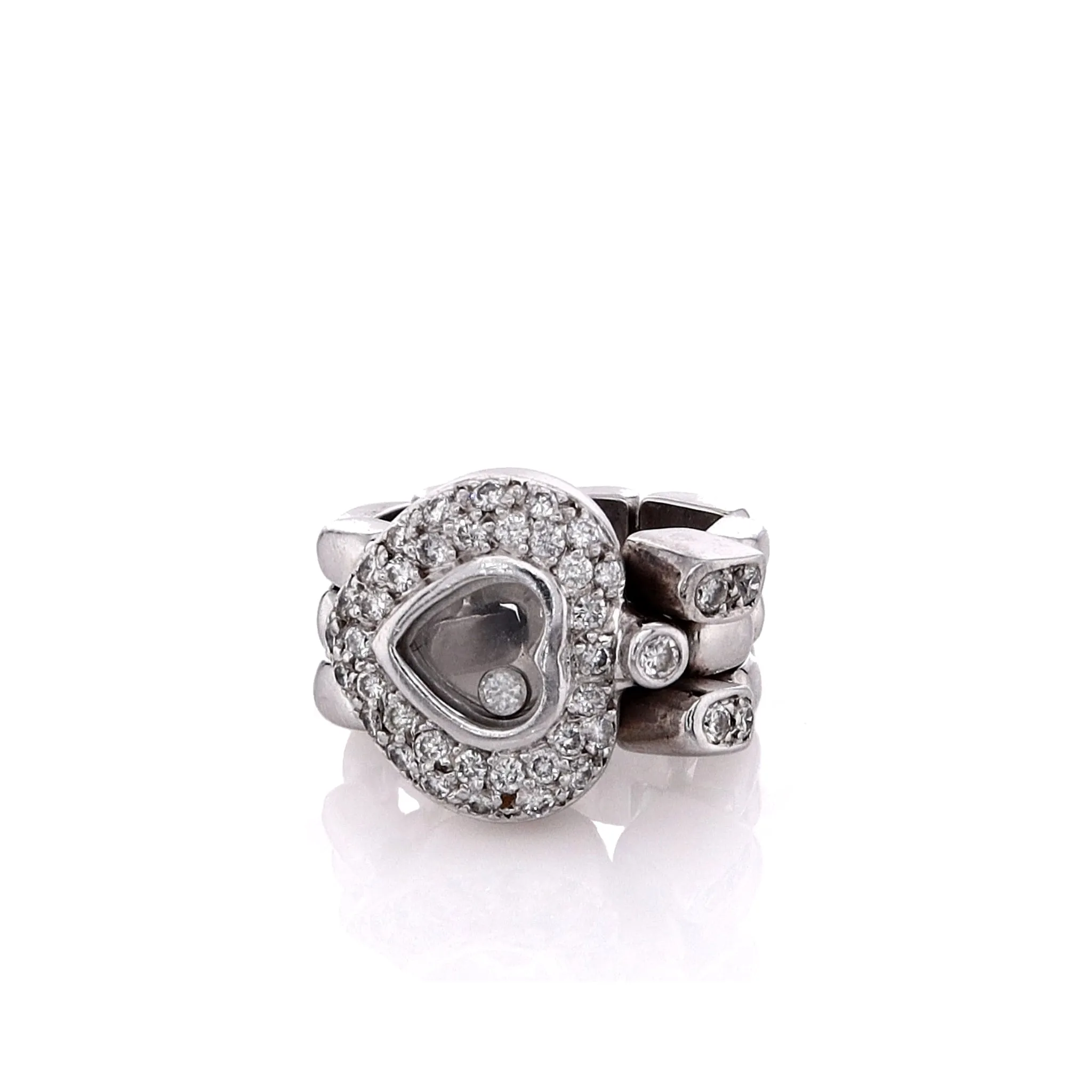 Estate 18k White Gold Diamond Heart Shaped Center Floating Bezel Flexible Link Ring