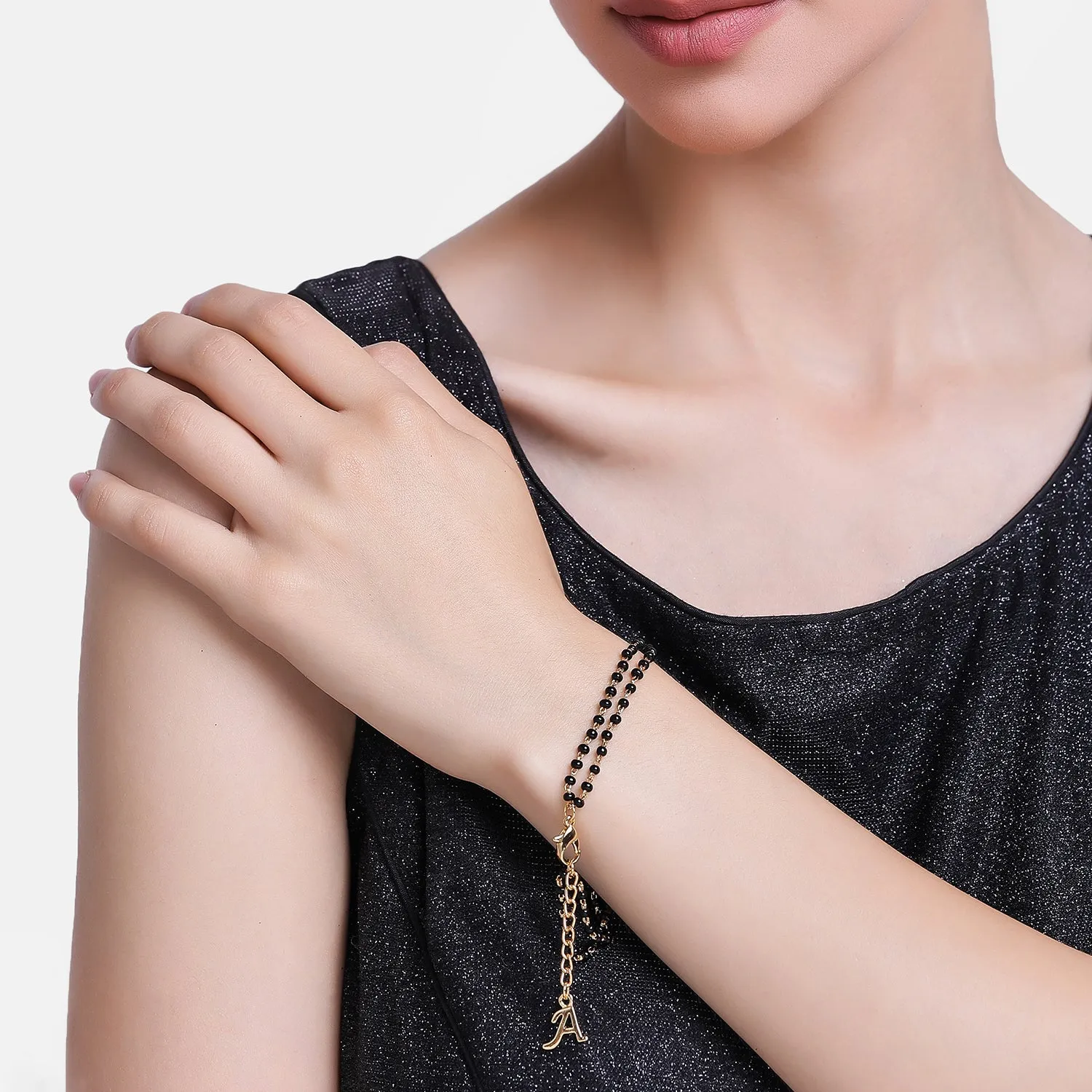 Estele Gold Plated Stylish & Trendy Lightweight "A" Initial Mangalsutra Charm Bracelet with Black Beads for Women