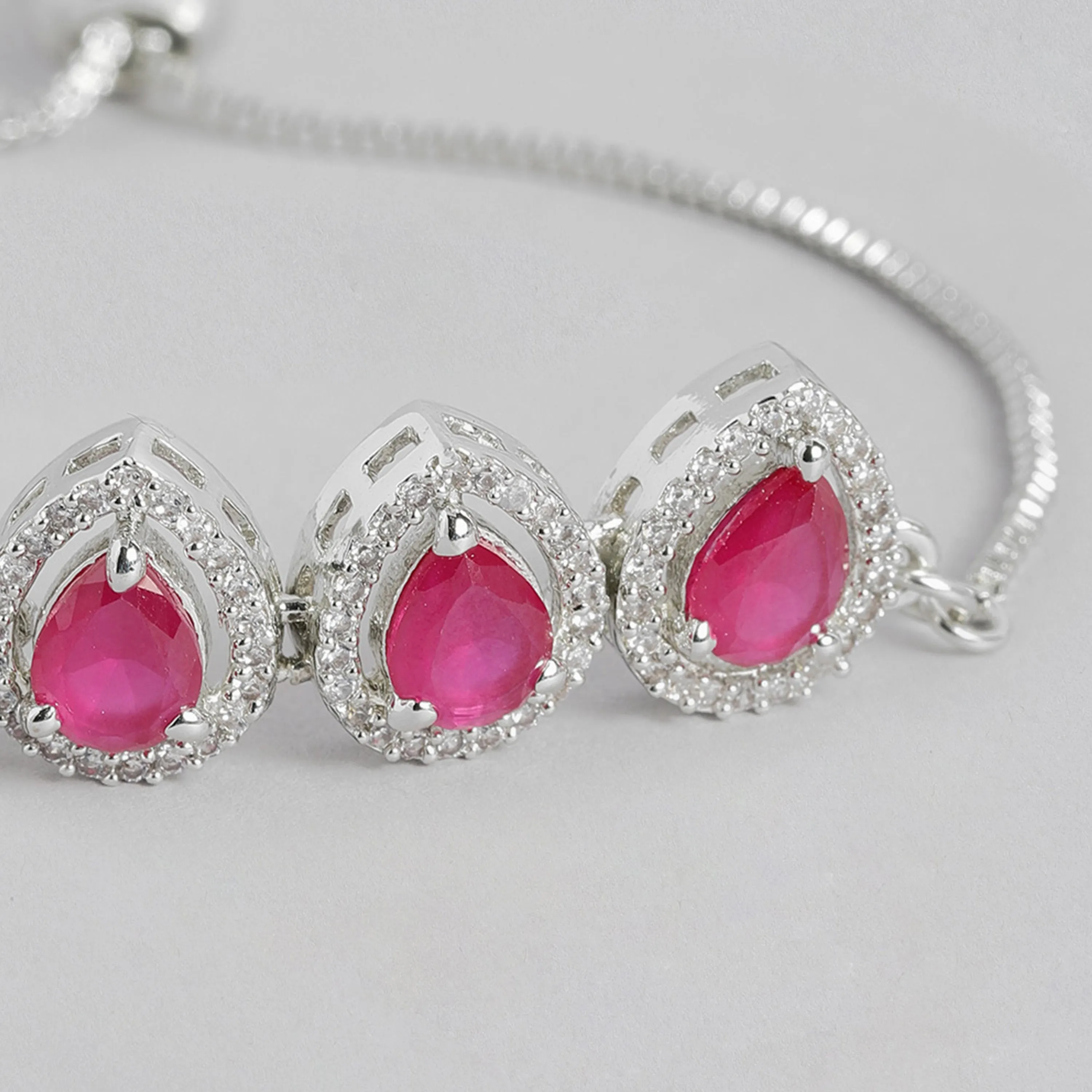 Estele Rhodium Plated CZ Precious Pears Bracelet with Ruby Crystals for Women
