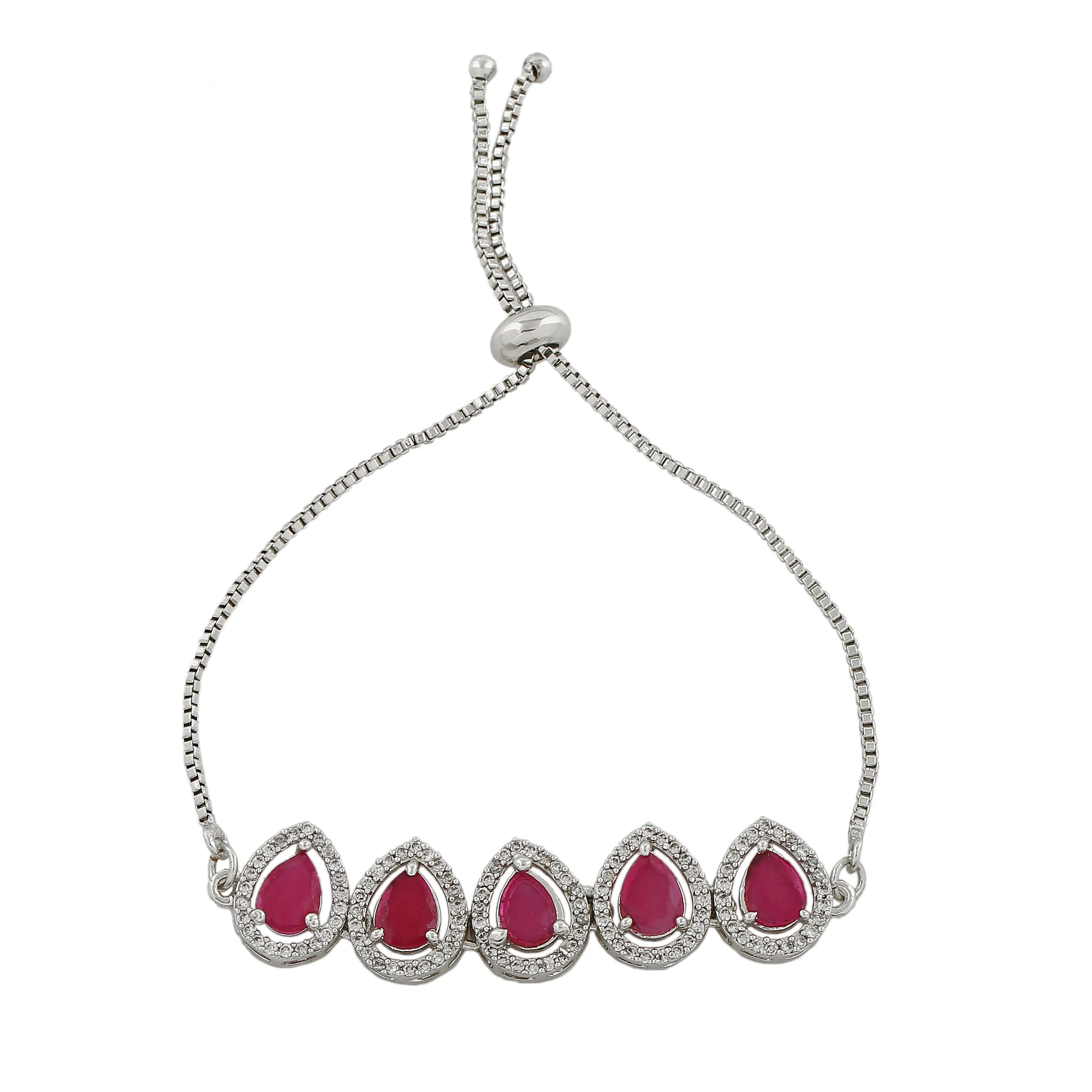 Estele Rhodium Plated CZ Precious Pears Bracelet with Ruby Crystals for Women