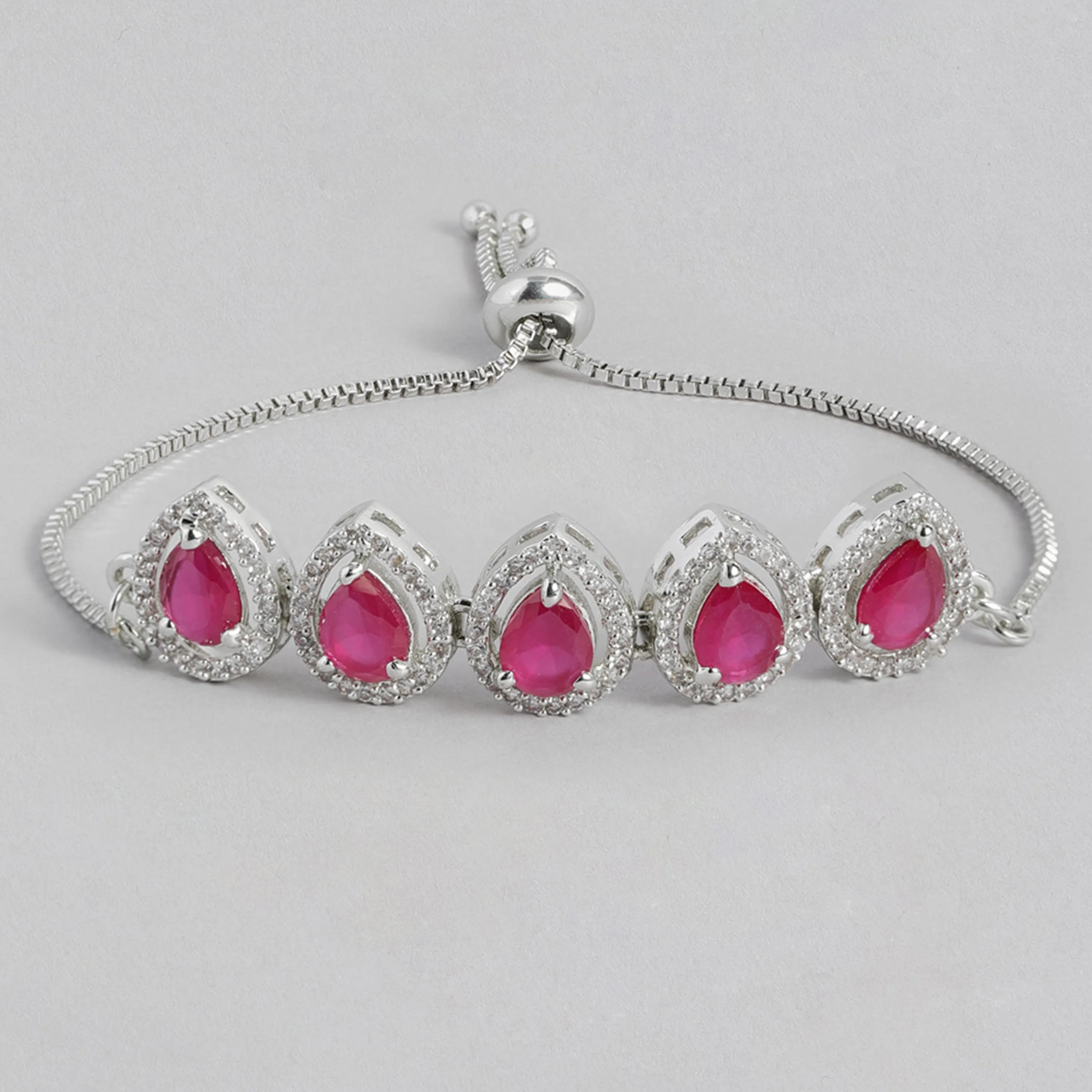 Estele Rhodium Plated CZ Precious Pears Bracelet with Ruby Crystals for Women