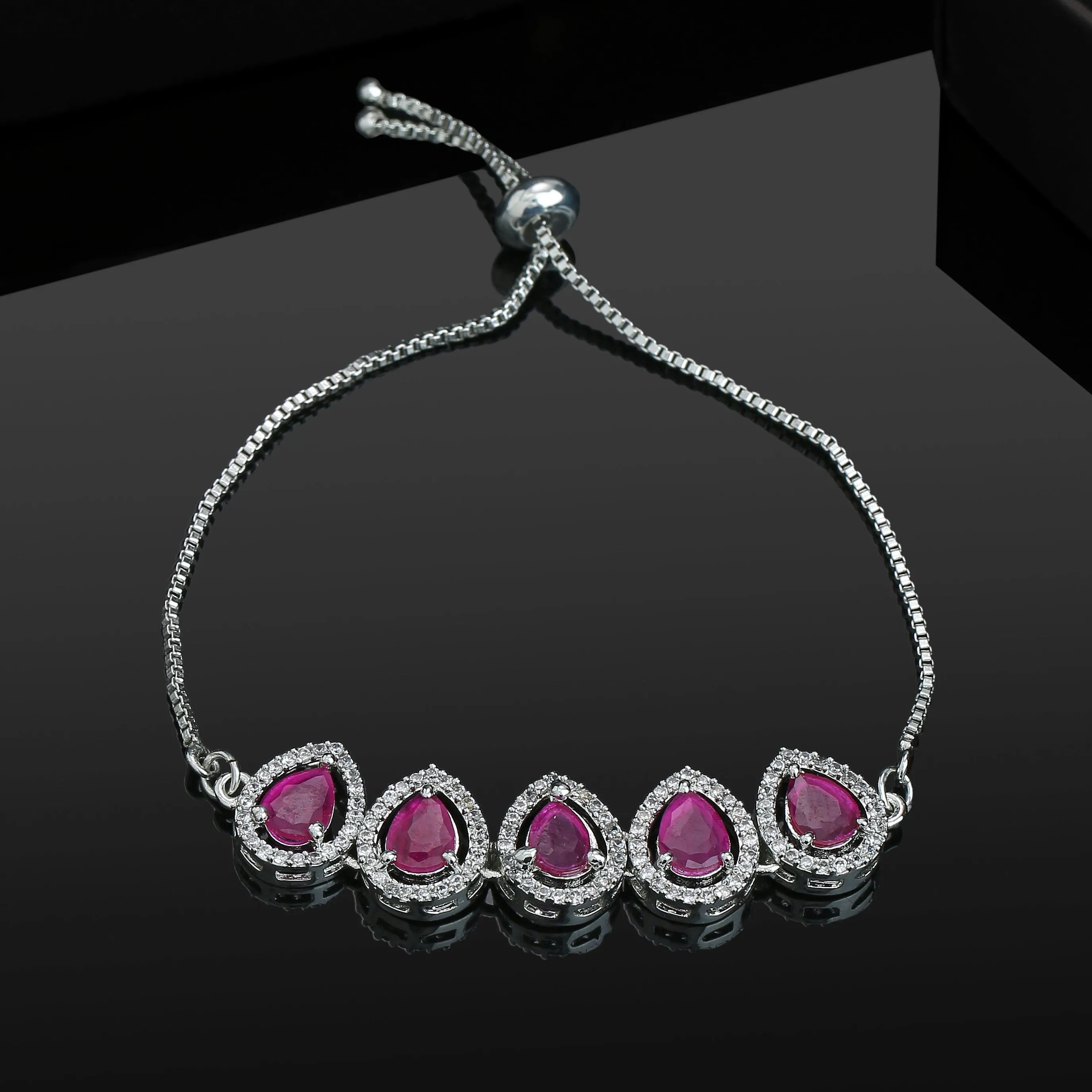 Estele Rhodium Plated CZ Precious Pears Bracelet with Ruby Crystals for Women