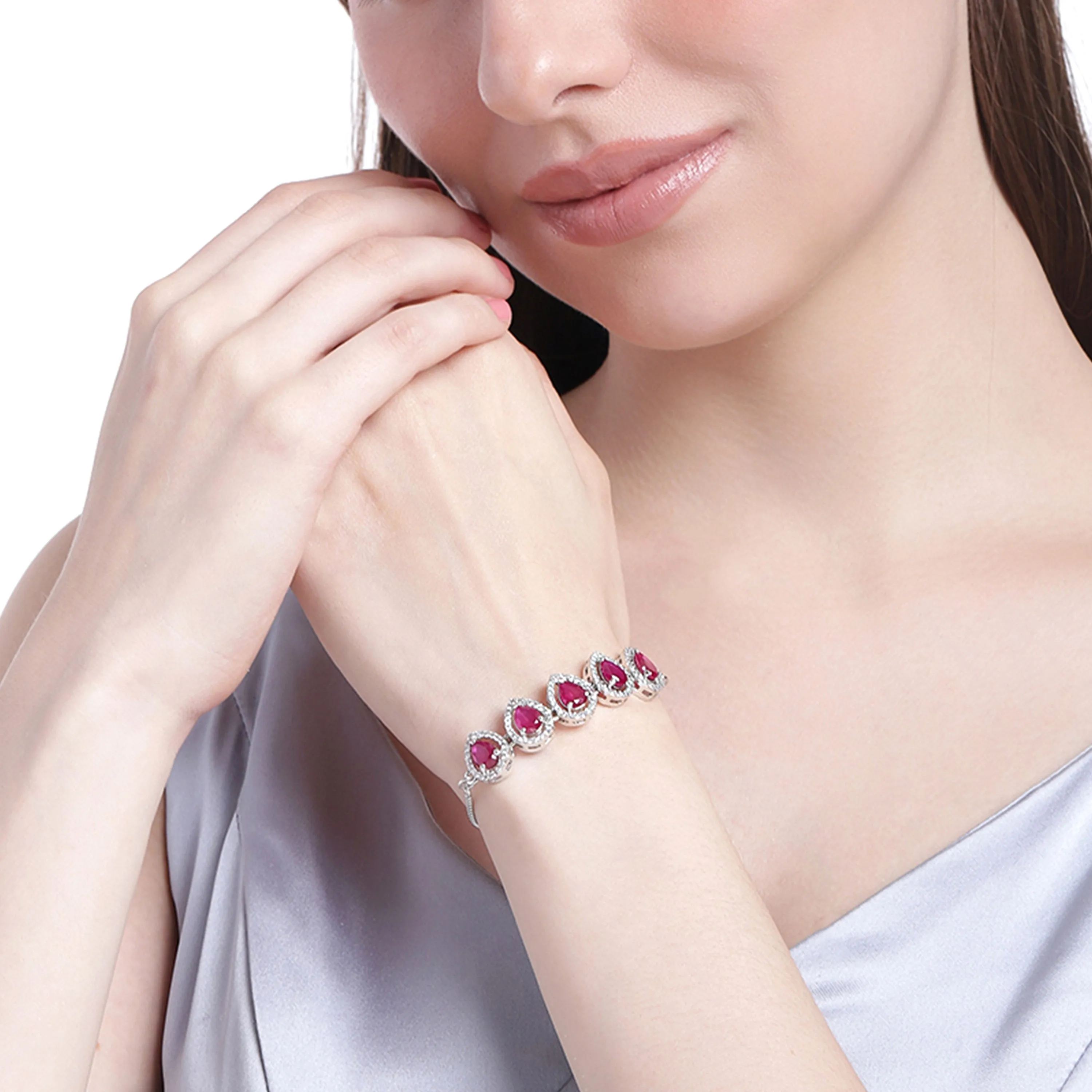 Estele Rhodium Plated CZ Precious Pears Bracelet with Ruby Crystals for Women