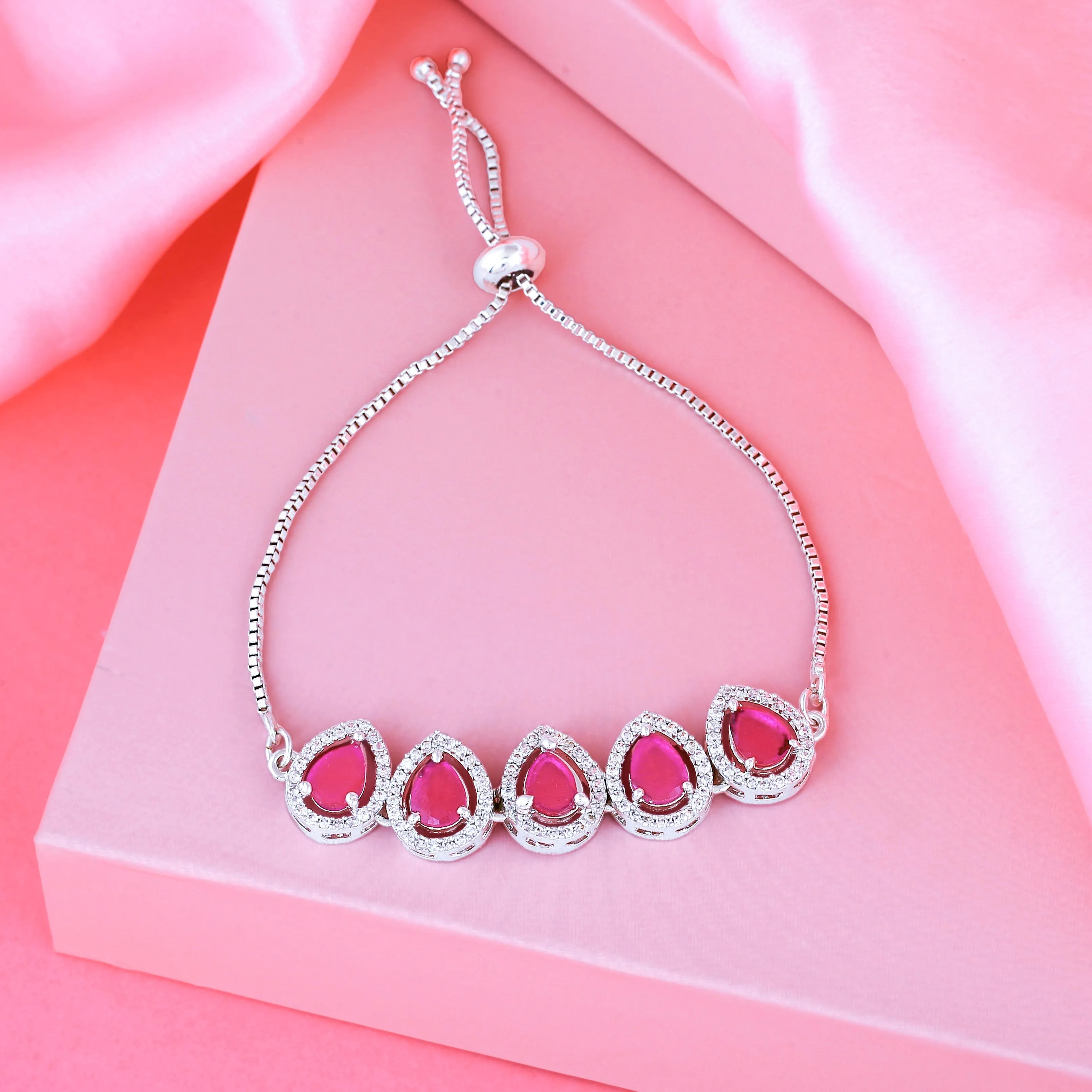 Estele Rhodium Plated CZ Precious Pears Bracelet with Ruby Crystals for Women