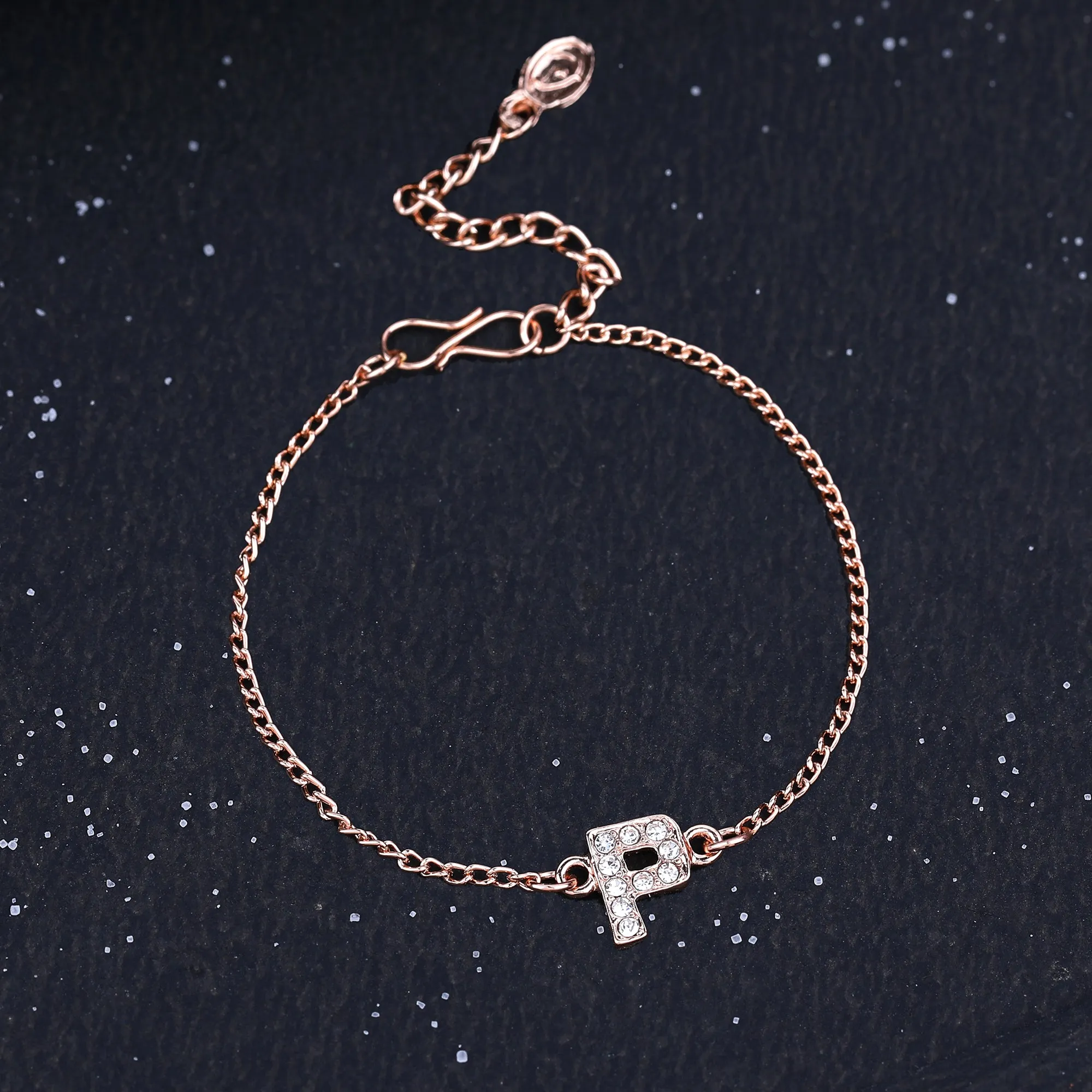 Estele Rose Gold Plated Captivating Medium 'P' Letter Bracelet with Crystals for Women