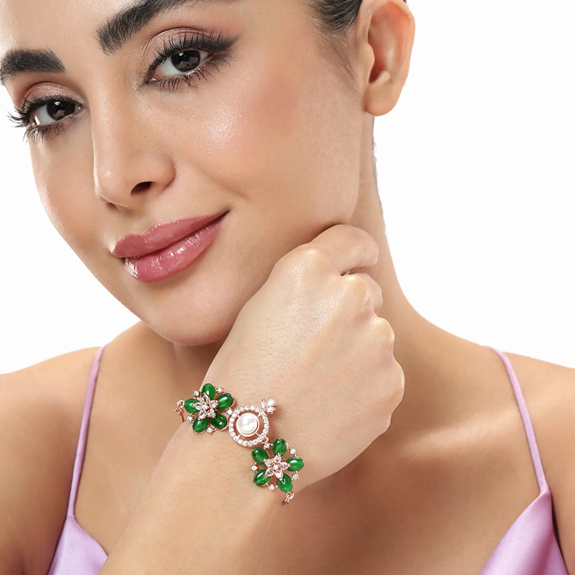 Estele Rosegold Plated Nature Inspired Floral Pattern Varya Bracelet with Stunning Green Beads & Pearl for Women