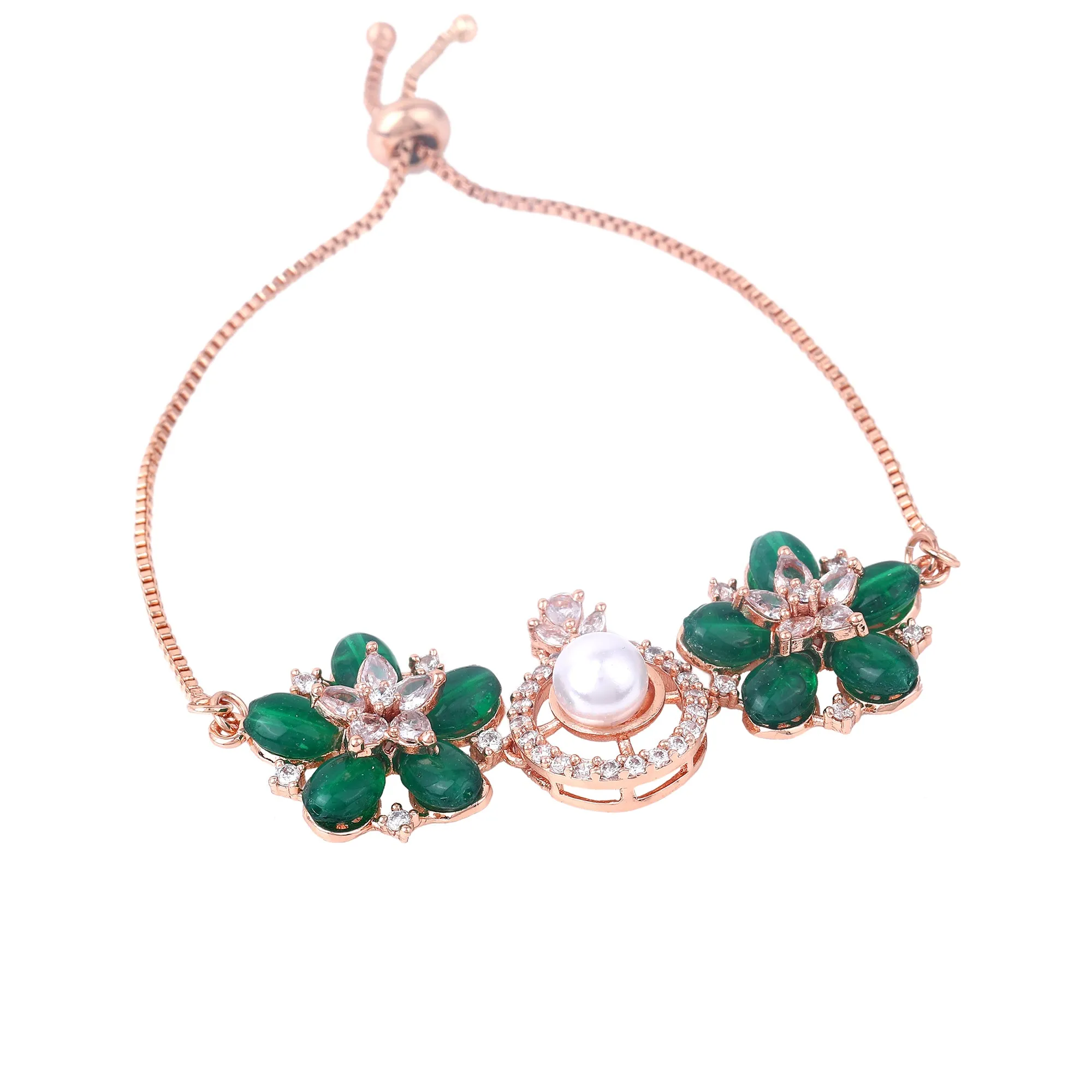 Estele Rosegold Plated Nature Inspired Floral Pattern Varya Bracelet with Stunning Green Beads & Pearl for Women