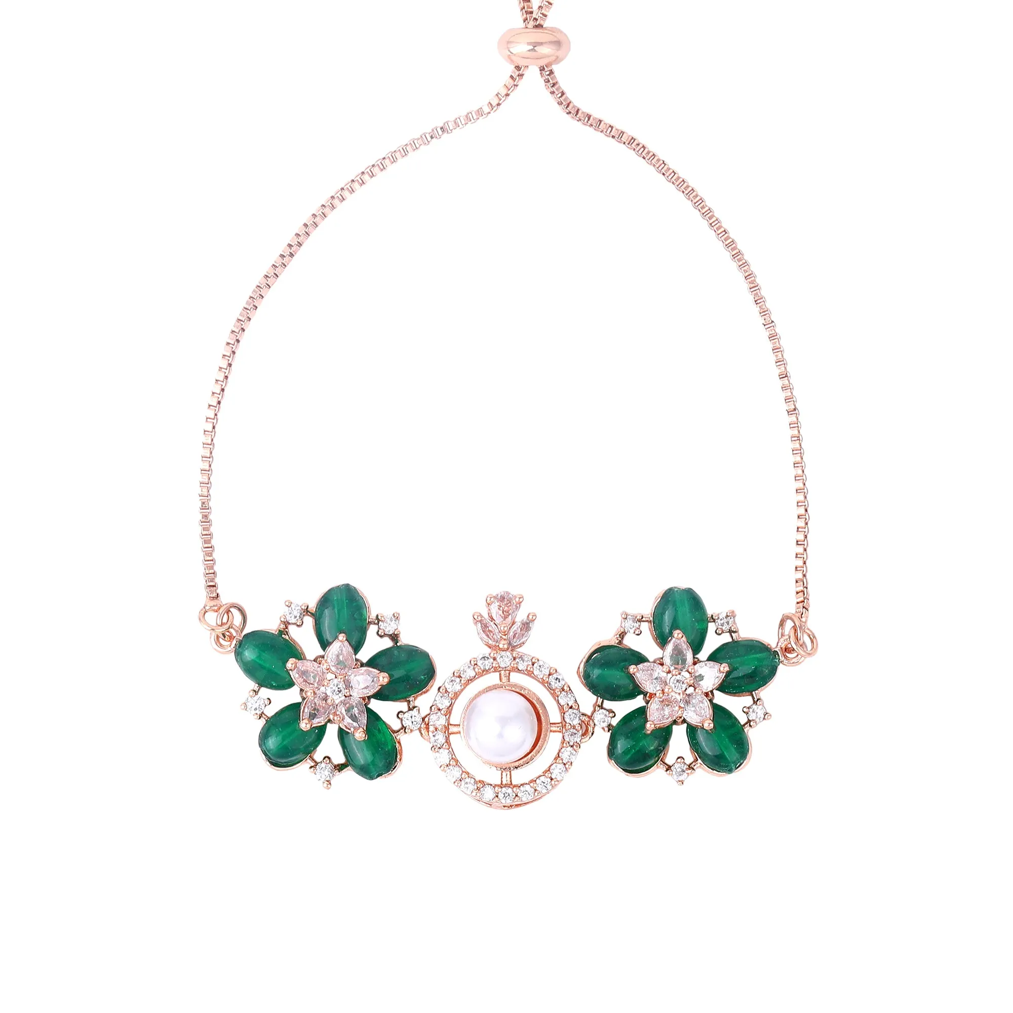 Estele Rosegold Plated Nature Inspired Floral Pattern Varya Bracelet with Stunning Green Beads & Pearl for Women