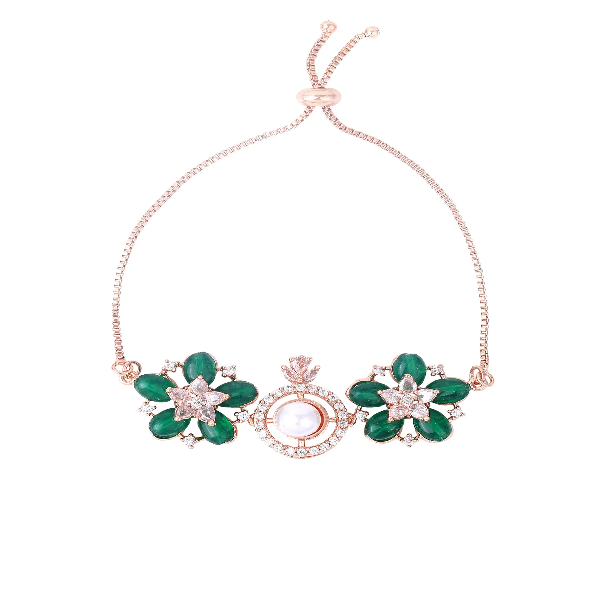 Estele Rosegold Plated Nature Inspired Floral Pattern Varya Bracelet with Stunning Green Beads & Pearl for Women
