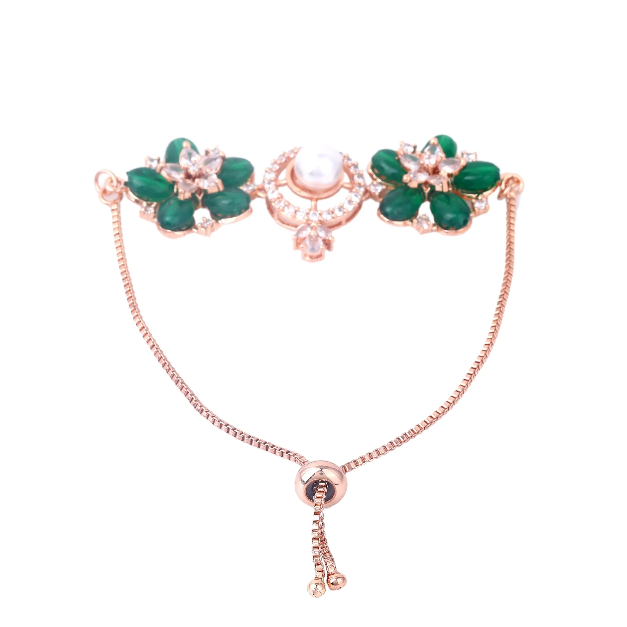 Estele Rosegold Plated Nature Inspired Floral Pattern Varya Bracelet with Stunning Green Beads & Pearl for Women