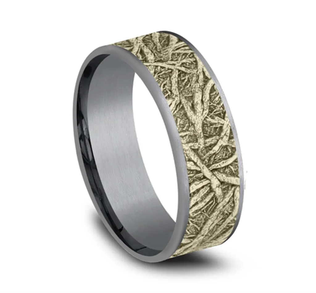 Gray Tantalum And 14K Yellow Gold ??The Arko?? Tree Roots Patterned 7.5mm Wedding Band