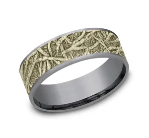 Gray Tantalum And 14K Yellow Gold ??The Arko?? Tree Roots Patterned 7.5mm Wedding Band