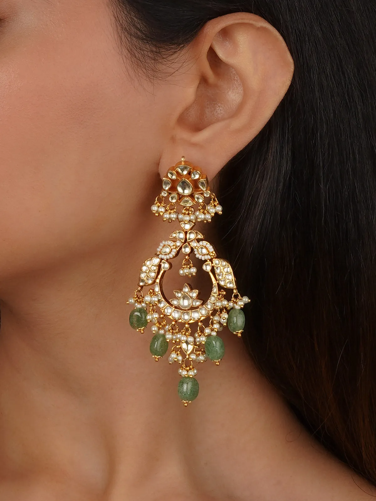 Green Color Gold Plated Jadau Kundan Earrings - ME1306Y