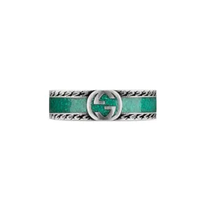 Gucci Interlocking G Sterling Silver Turquoise Enamel 6mm Band Ring D