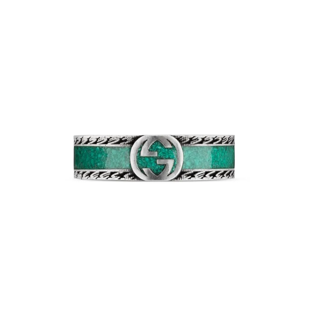 Gucci Interlocking G Sterling Silver Turquoise Enamel 6mm Band Ring D